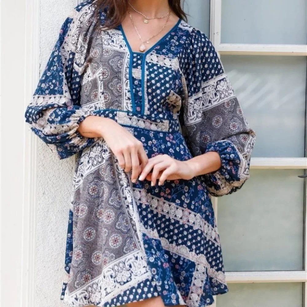 Paisley Print Balloon Long Sleeve Mini Dress blue
